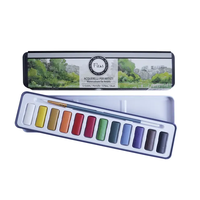 fleur-aquarellkasten-12-n-pfchen-metall-mit-pinsel image 1